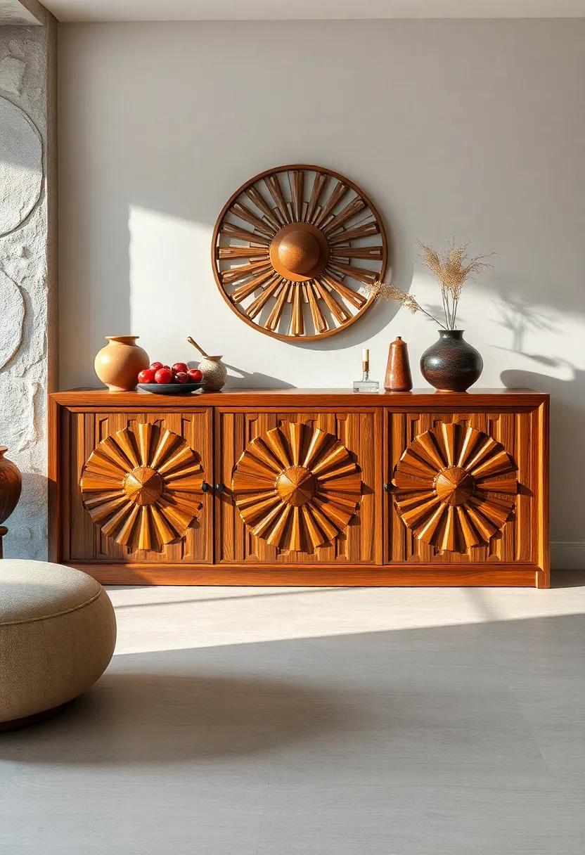 Art Deco sideboard – Symmetrical patterns ⁤and sunburst‌ motifs hand-carved into fine walnut