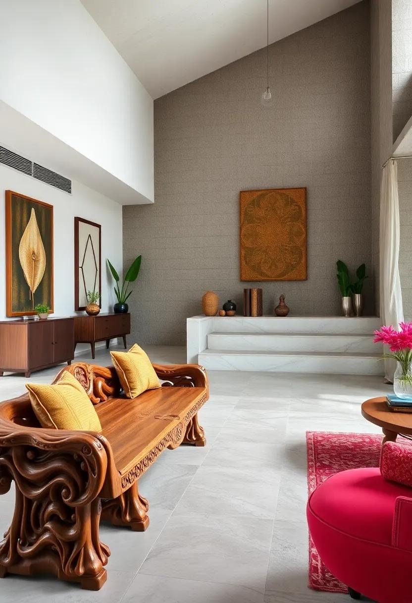 Balinese Mango Wood Bench – Deep, flowing carvings inspired by jungle flora and fauna