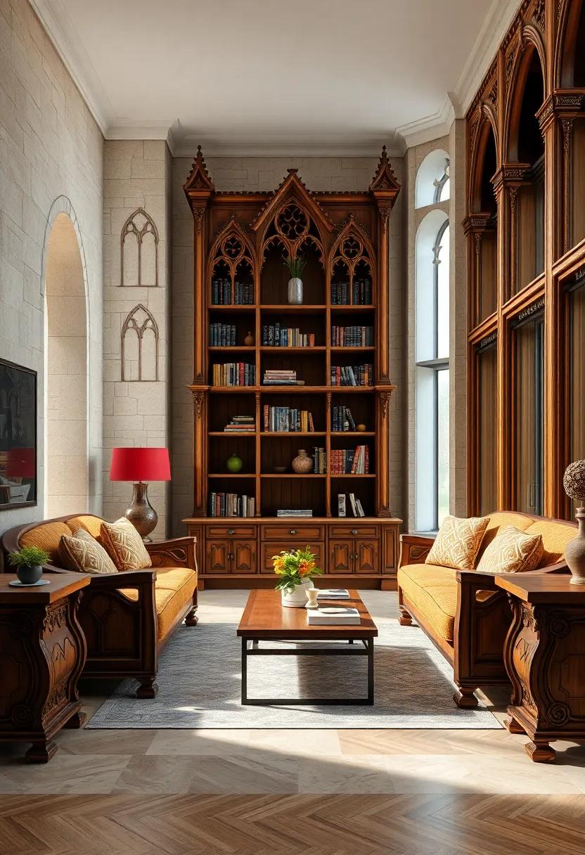 Gothic Revival bookshelf – Pointed arches and tracery designs mimic cathedral‍ architecture in wood