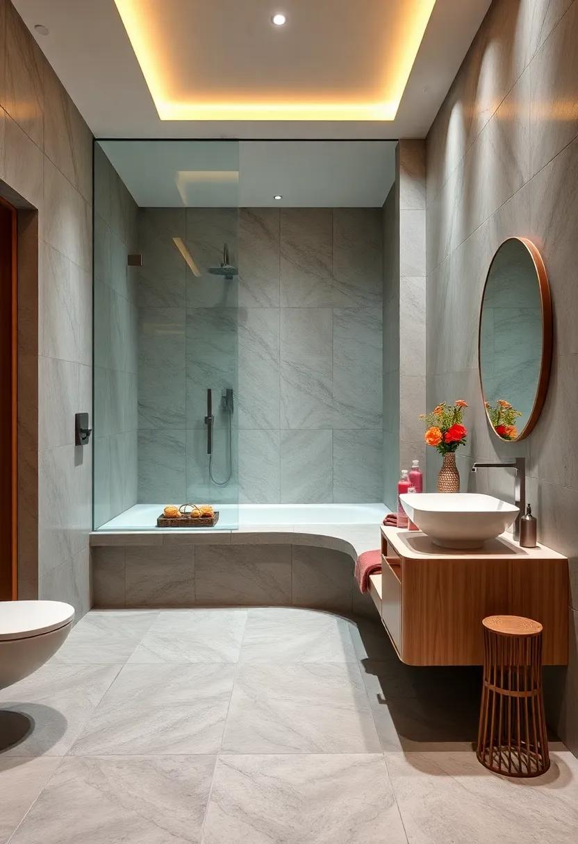 A contemporary bathroom integrates a curved built-in bench along a glass-enclosed steam shower, creating an indulgent wellness experience
