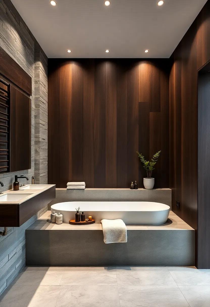 A dark wood-paneled bathroom includes a deep built-in bench beside a freestanding tub, merging rustic warmth with modern design