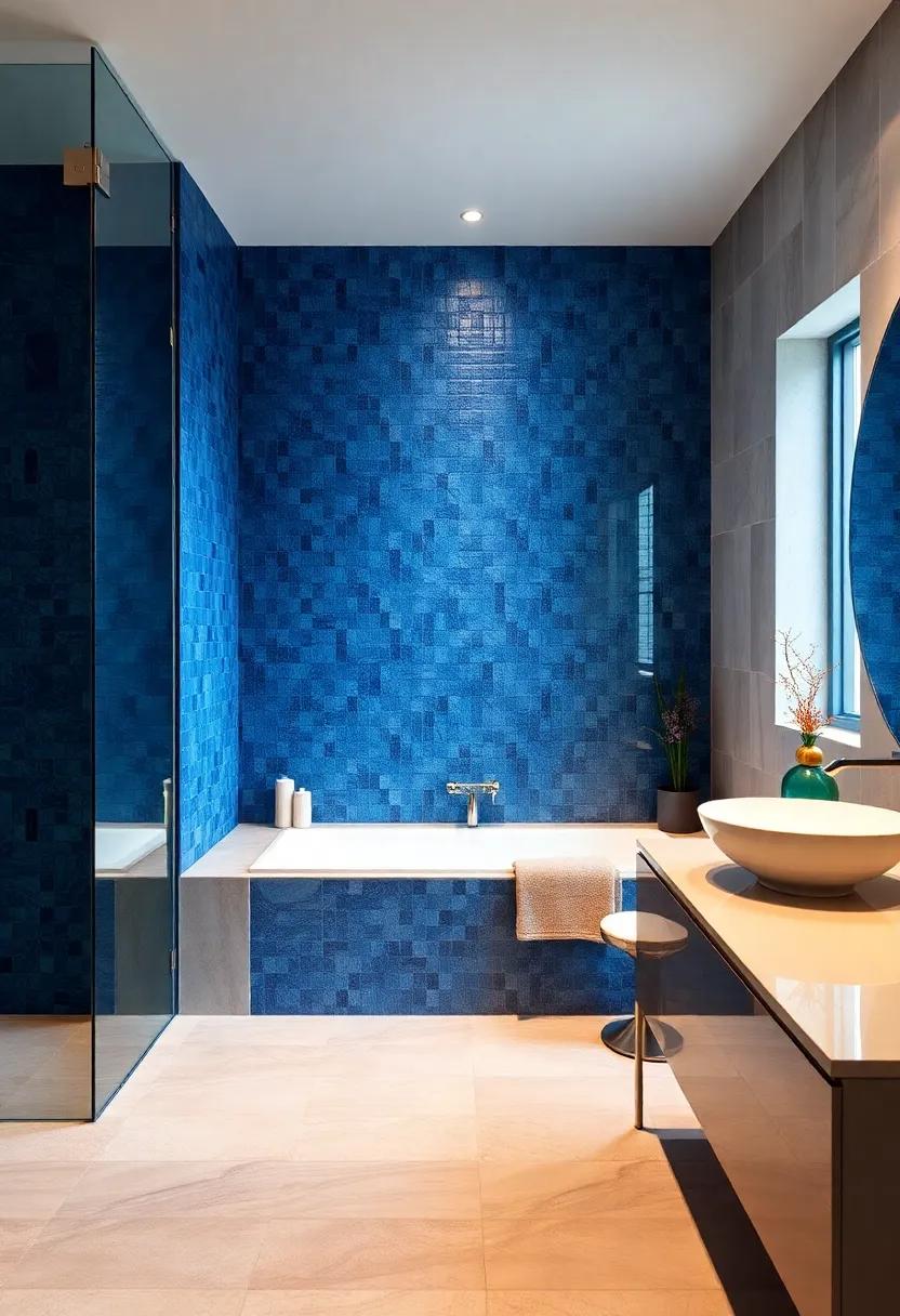 Deep blue mosaic tiles adorn the walls around a built-in bench, enhancing the underwater effect of an elegant bathtub area
