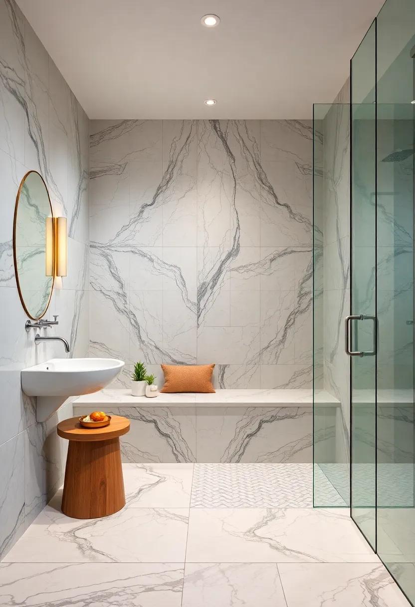 Elegant marble mosaic patterns extend to a built-in bench inset within a steam shower, elevating everyday luxury