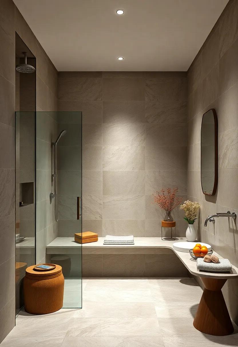 Floor-to-ceiling stone tiles surround a generous built-in seat in the shower, combining natural textures with luxurious comfort