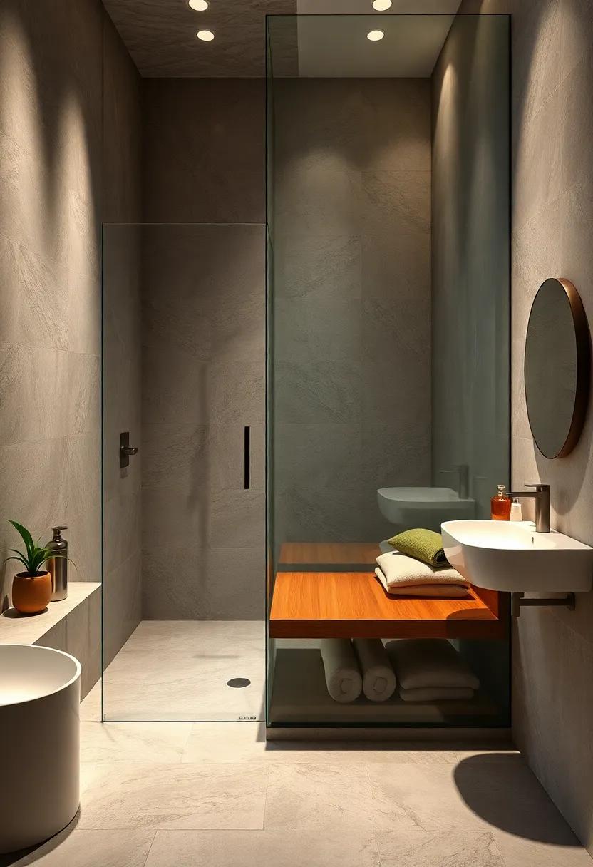 Frosted glass panels enclose a shower with a seamless built-in teak bench, fusing privacy and comfort effortlessly