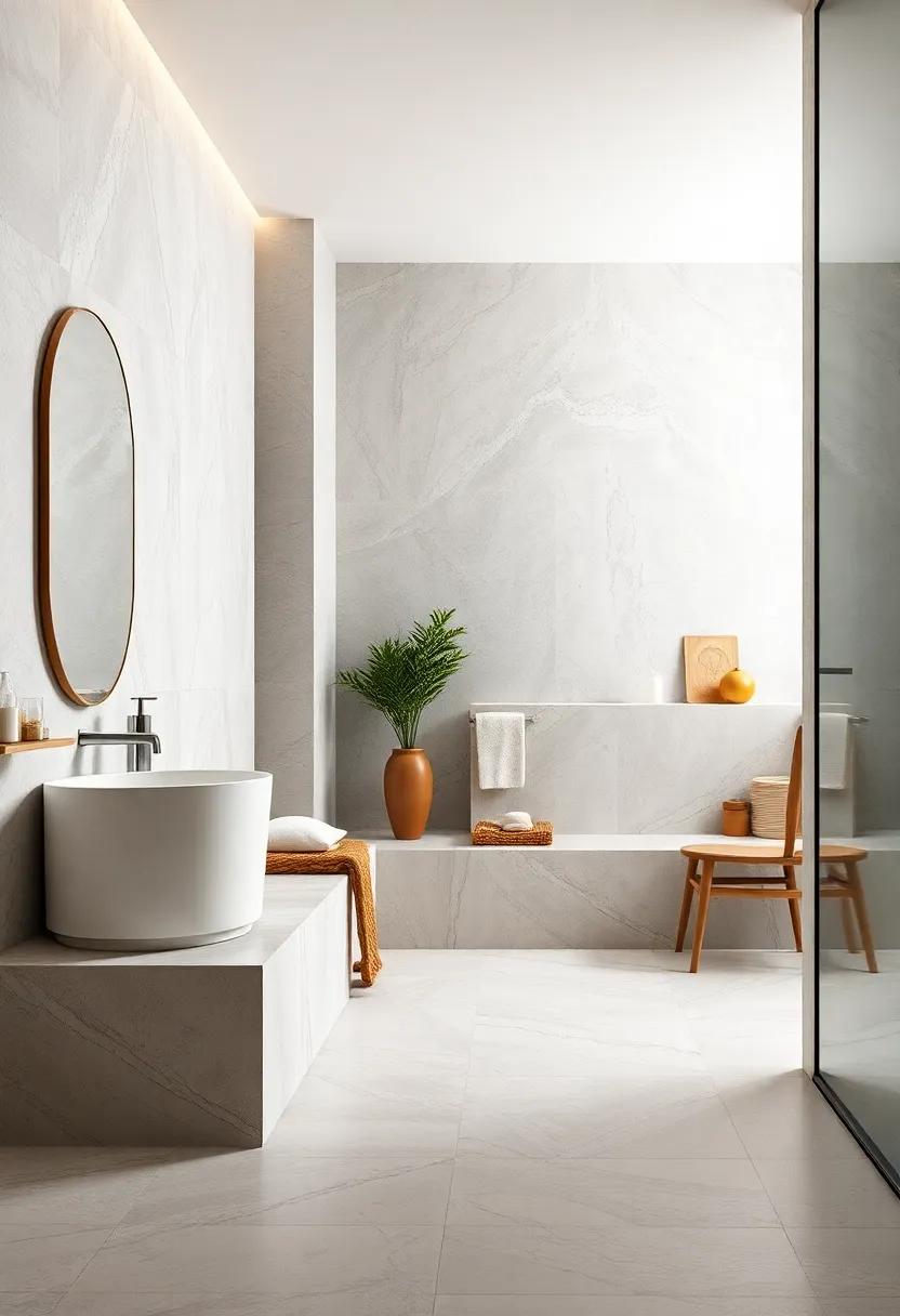 Large format porcelain tiles merge seamlessly with a sculpted built-in bench, offering a streamlined look and added convenience