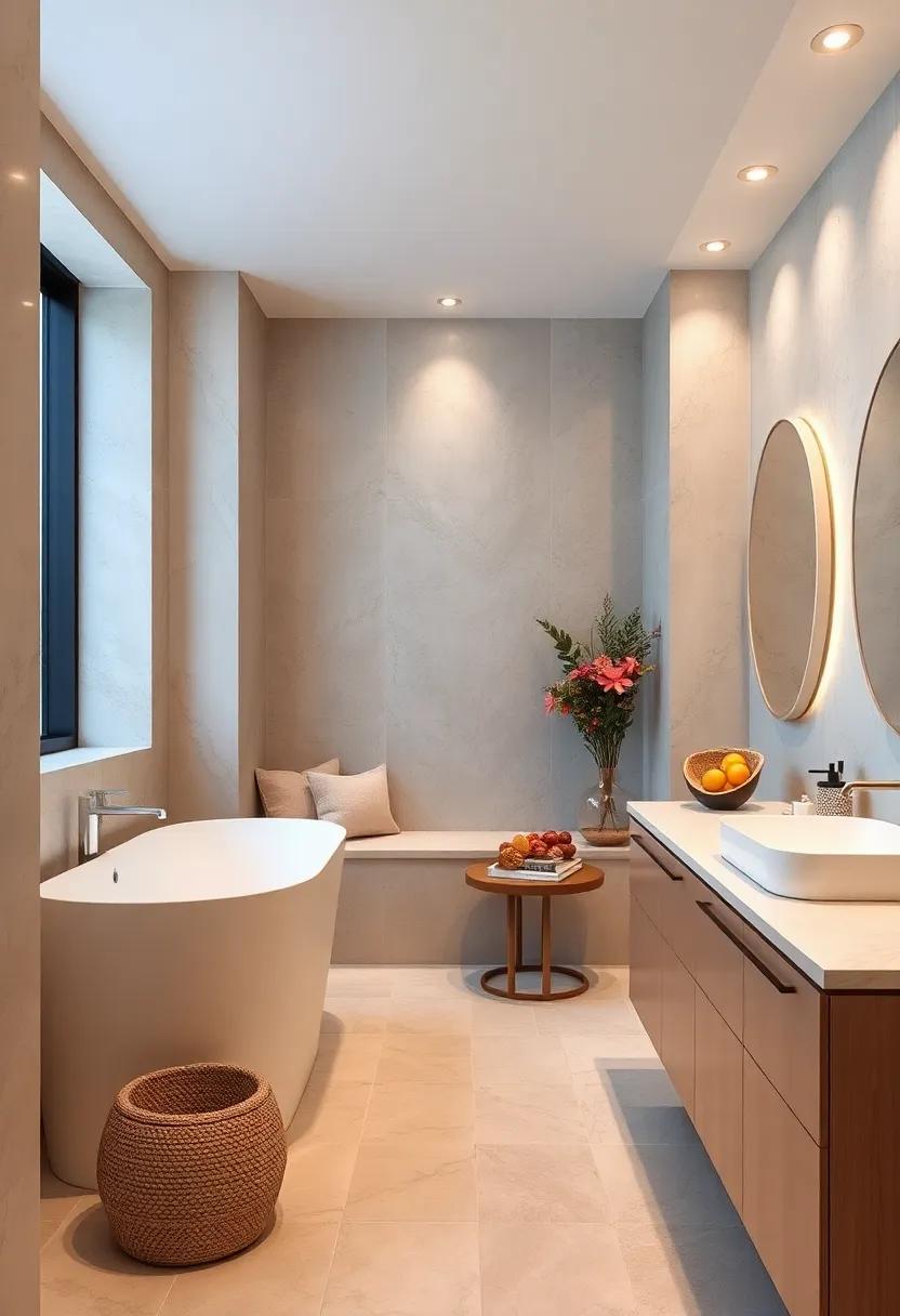 A luxurious bathroom retreats into neutral hues with a built-in seating alcove accented by subtle mood lighting for serene ambiance