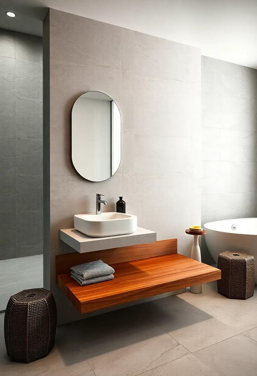 A minimalist design features a floating vanity paired with a built-in teak bench, inviting relaxation in an uncluttered space