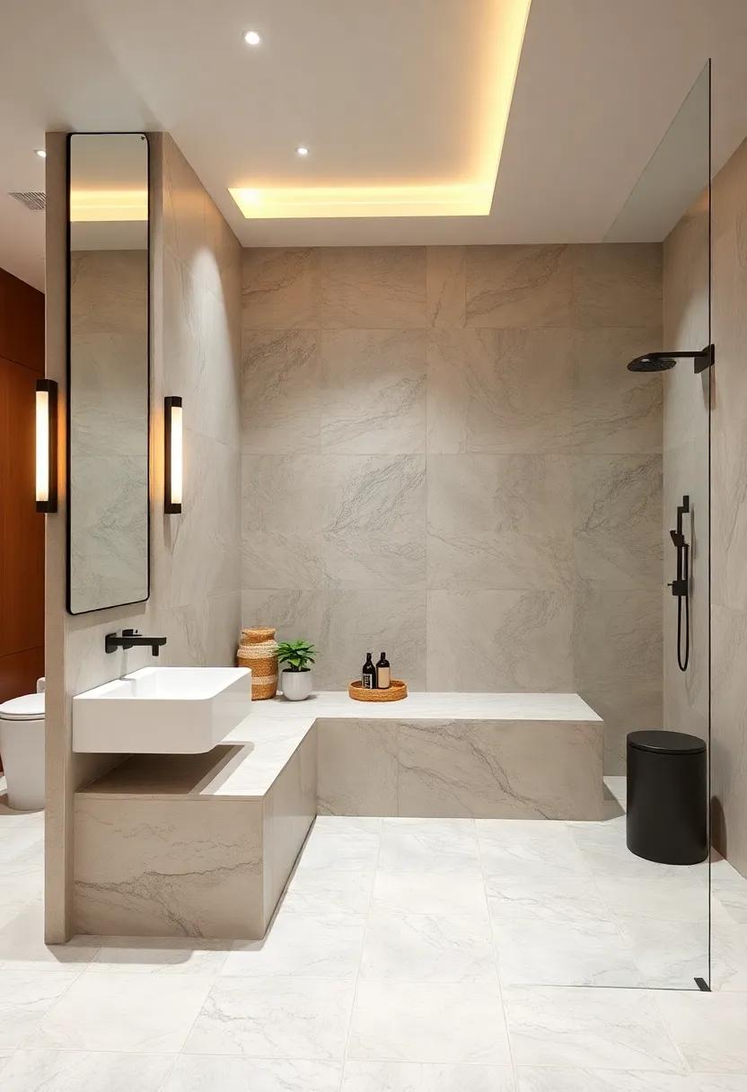 A mirrored wall reflects the textured built-in bench that runs along one side of a spacious shower, enhancing the sense of openness