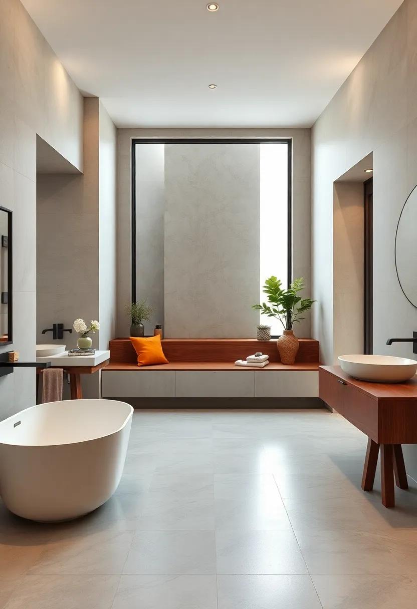 Polished concrete flooring complements a built-in wooden bench beneath a large window, providing a cozy nook for quiet moments