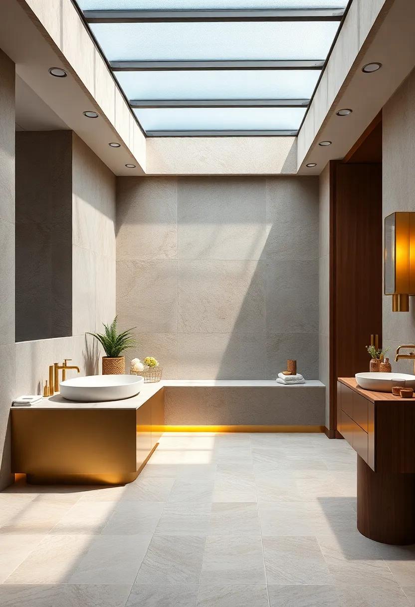 Polished brass detailing outlines a built-in bench under a frosted glass skylight, blending opulence with natural illumination