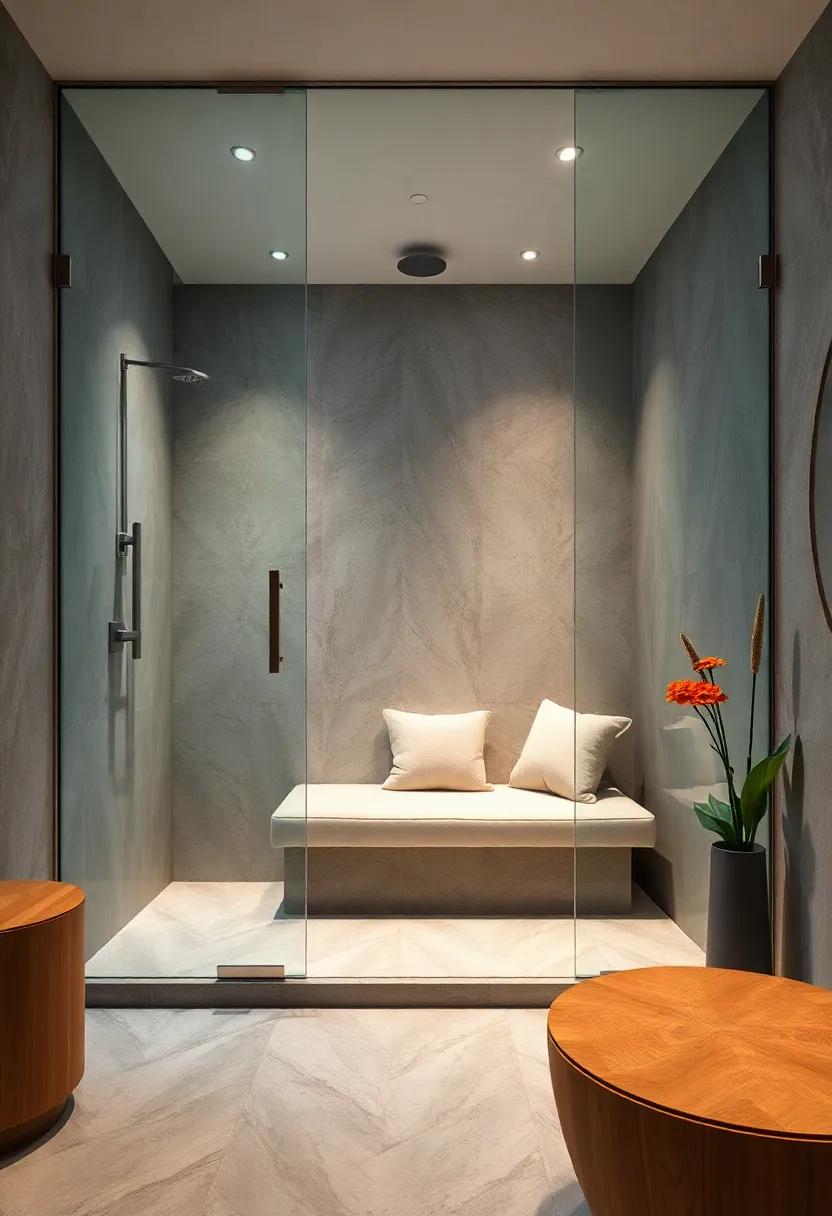Sleek glass panels encase a steam shower featuring a built-in bench with plush upholstery,blending modern comfort with elegant design