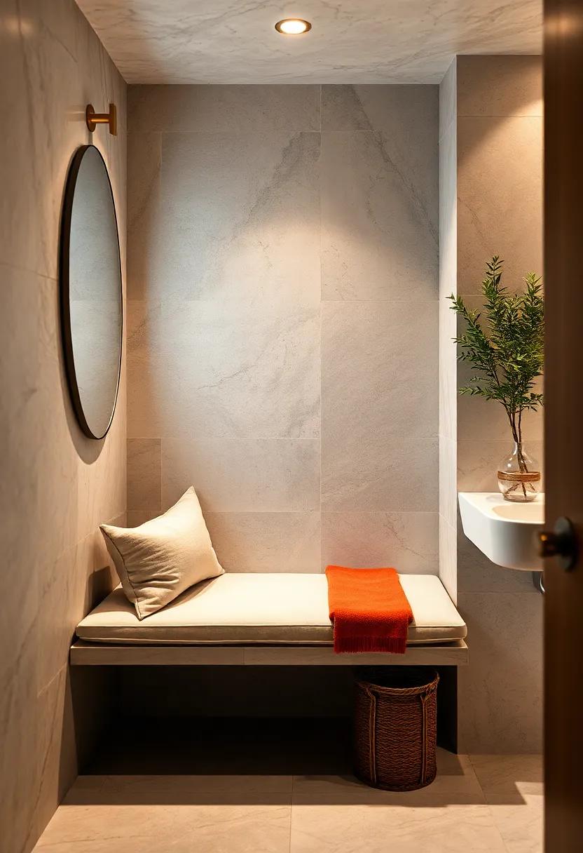 Soft linen tones and brass fixtures illuminate a bathroom featuring a cushioned built-in seat beside a vanity mirror, perfect for leisurely routines