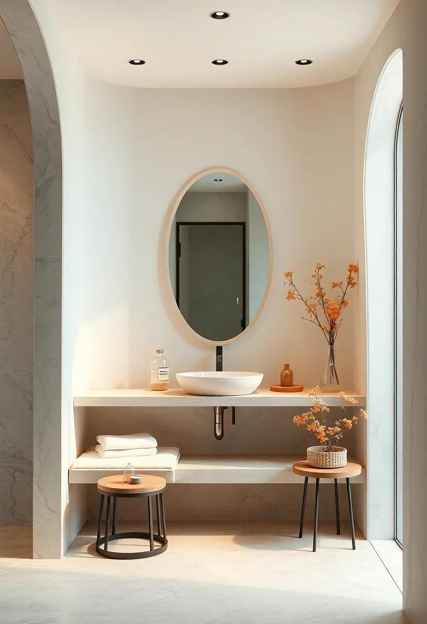 Soft curves and pastel hues frame a built-in seating nook beneath a vanity, creating a gentle and inviting atmosphere