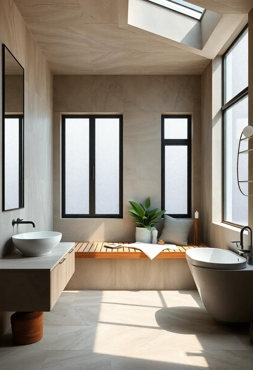 Soft natural light filters through frosted windows, illuminating a built-in wooden bench accented with fresh greenery