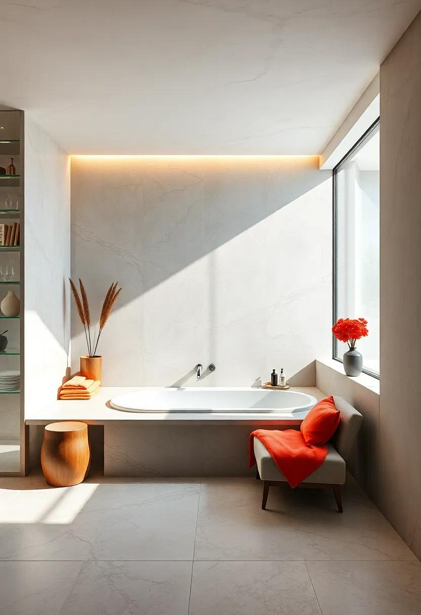 A sunken bathtub is complemented by an adjacent built-in lounger, inviting extended relaxation in bright, airy surroundings
