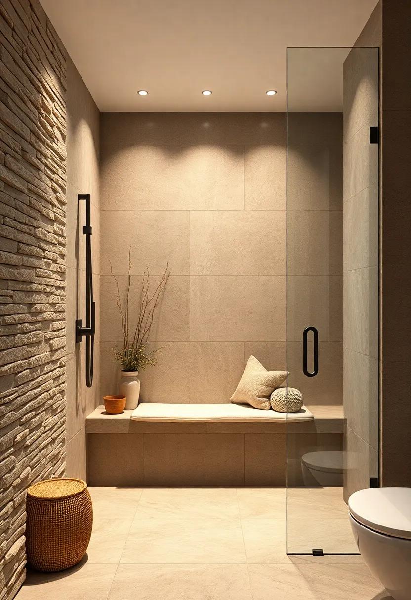 Textured stone walls wrap around a built-in bench within a spacious walk-in shower, delivering a sensory-rich experience