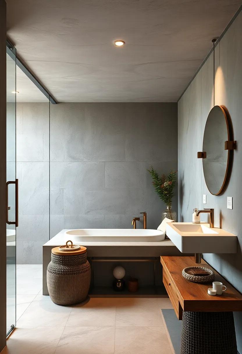 Urban-industrial vibes emerge with exposed concrete, metal accents, and a minimalist built-in bench crafted from reclaimed wood