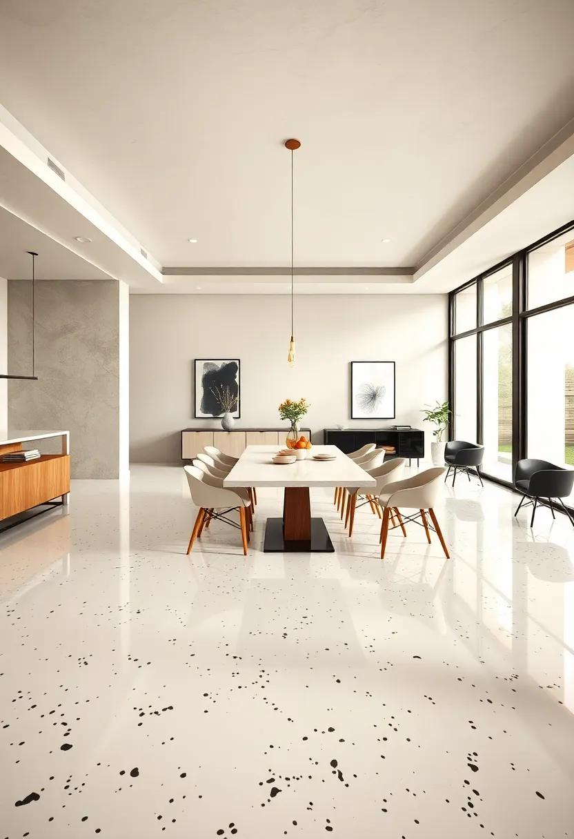 minimalist Elegance: A sleek dining room with⁣ large white ⁢terrazzo tiles⁤ featuring subtle black flecks, paired ⁤with streamlined furniture⁤ and monochrome accents
