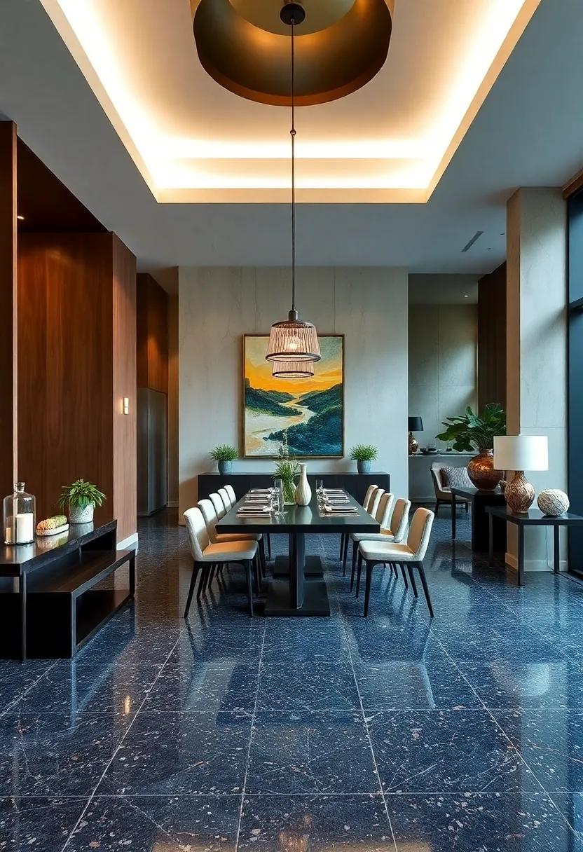 Urban Sophistication: Dark​ terrazzo flooring with‍ flecks of metallic shimmer paired with sleek, ‌minimalist furniture and contemporary artwork