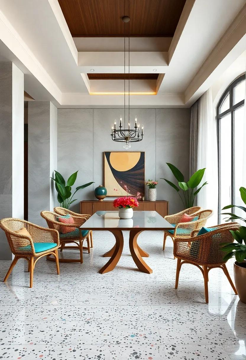 Tropical ​Vibes: Bright terrazzo flooring⁣ with colorful coral, teal, and‌ sand chip accents surrounded by rattan chairs and tropical plants