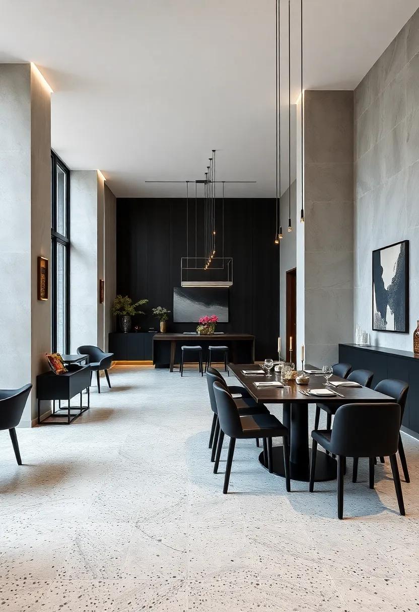 minimalist Monochrome: Sleek terrazzo floors featuring small chips in uniform grey tones⁢ coupled with minimalist black dining sets