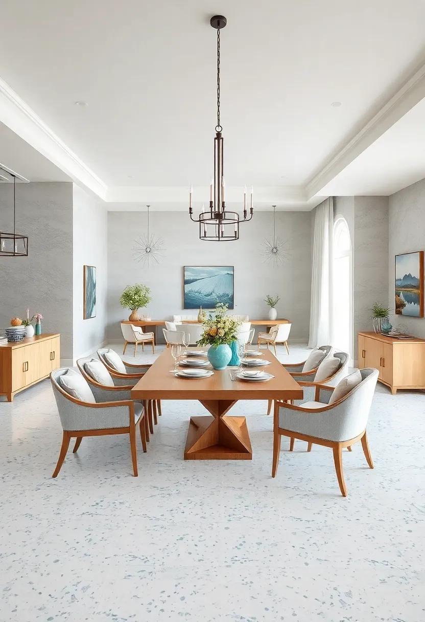 Coastal Chic: White and aqua-blue ‌terrazzo flooring enhances light wood furniture⁤ and ocean-inspired decorative elements