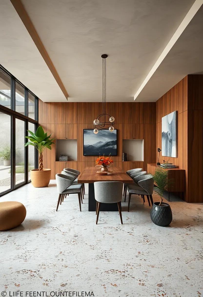 Natural Harmony: Warm ‍wood tones and greenery complement ⁤a terrazzo floor ‍with earthy, amber-hued chips‌ for a cozy ‍yet refined dining‍ space