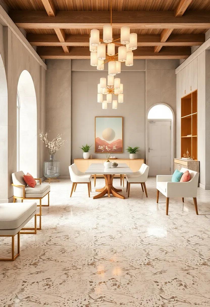 Soft Pastel Paradise: A terrazzo floor ​in blush and mint hues paired with creamy white furniture and delicate gold accents
