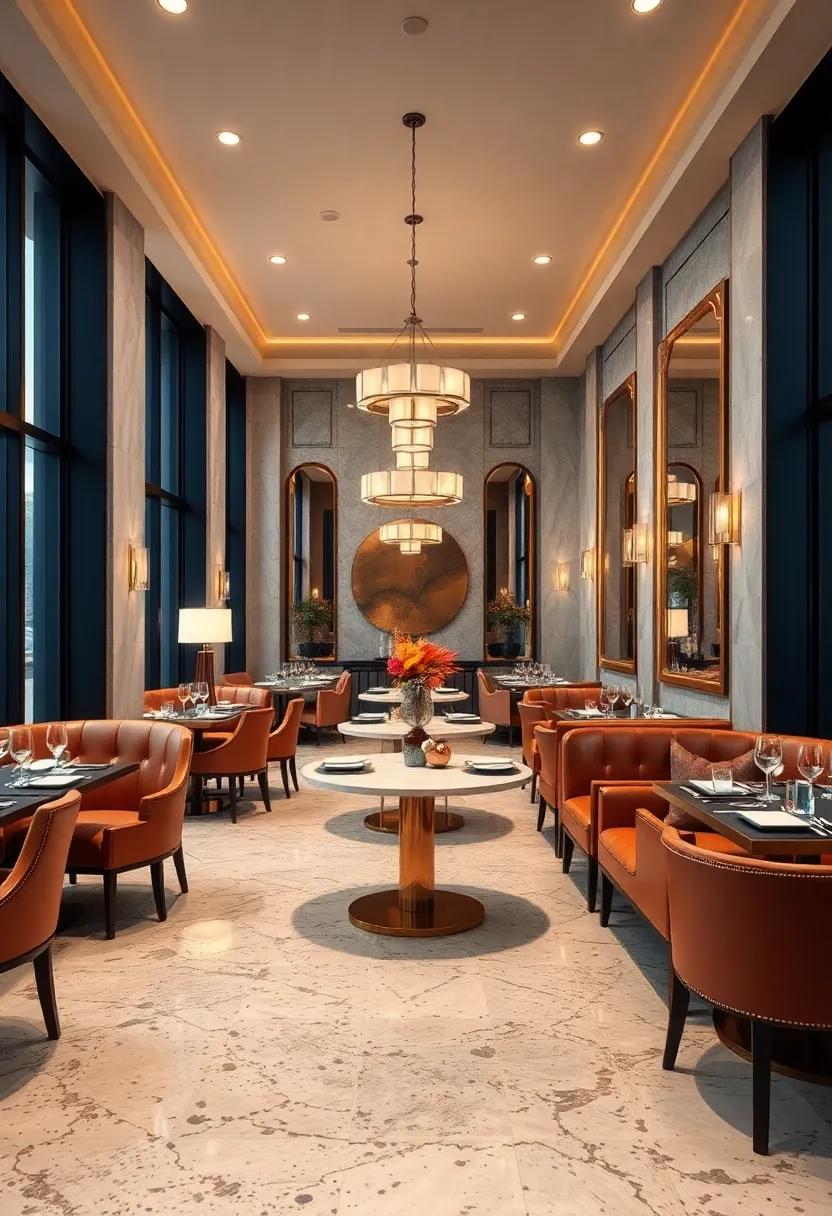 Art Deco Delight: Geometric terrazzo patterns accented with brass ⁤detailing and⁣ plush leather seating for a⁣ theatrical dining ‌atmosphere