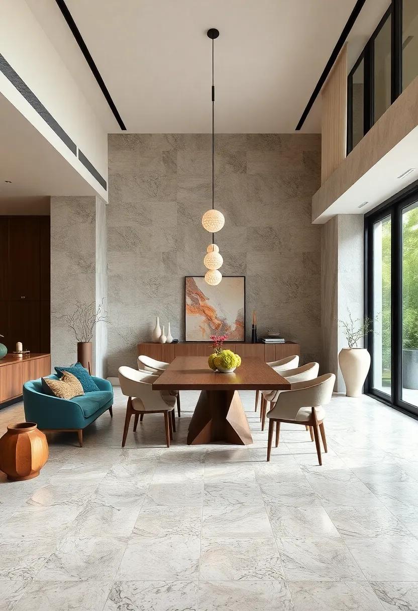 Serene Stone Mix: Terrazzo incorporating multiple ‌shades of natural stone paired with‌ soft linen textiles and organic shapes in ‌furniture design