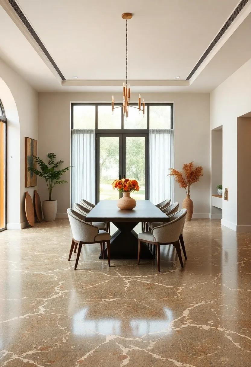 Earthy⁤ Luxe: Olive green terrazzo floors featuring rust and cream chips combined with artisan pottery and natural textiles