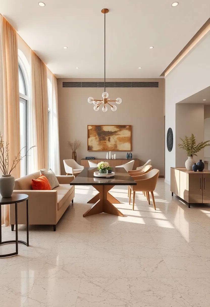 Elegant Neutral Palette:‍ Creamy beige terrazzo floors accented with soft taupe furniture and light⁣ linen curtains to create a tranquil dining area