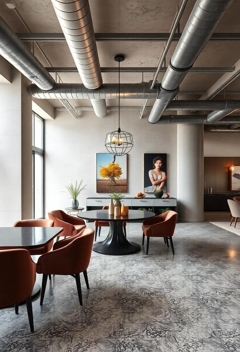 Chic Urban Loft: Polished grey terrazzo ​floors meld seamlessly with exposed ductwork, industrial lighting, and plush velvet dining chairs