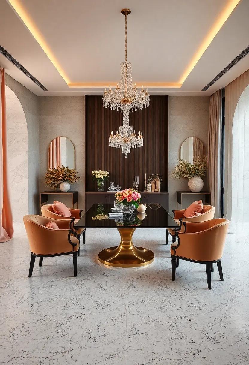 Contemporary Contrast: Bold, oversized terrazzo patterns in navy and cream set against clean-lined modern tables and‌ sculptural lighting