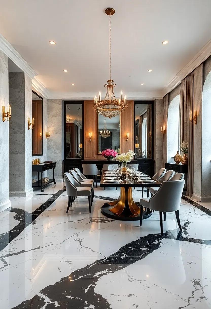 Classic Glamour: Polished terrazzo in glossy black and white‌ contrasts beautifully ‌with gold fixtures and velvet upholstered chairs