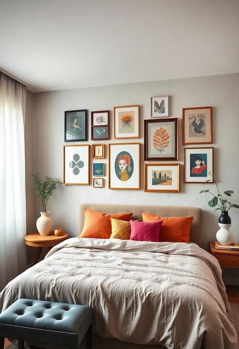 A Gallery Wall Featuring⁢ Diverse Frames ‌and ‍Artistic Styles as a Focal Point in a cozy Bedroom