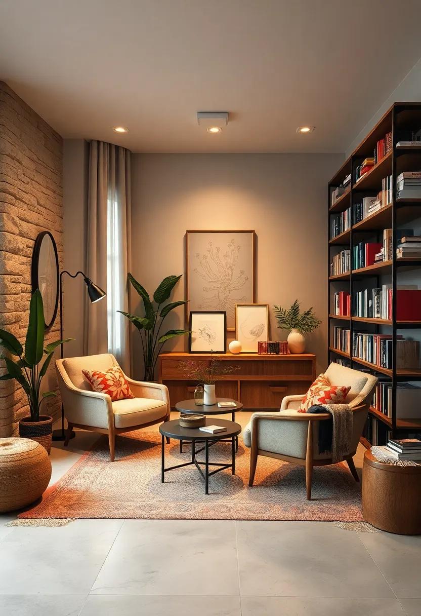 An Inviting Reading ⁣Corner Featuring​ Comfy Chairs, Soft Lighting, and‍ Eclectic Bookshelves