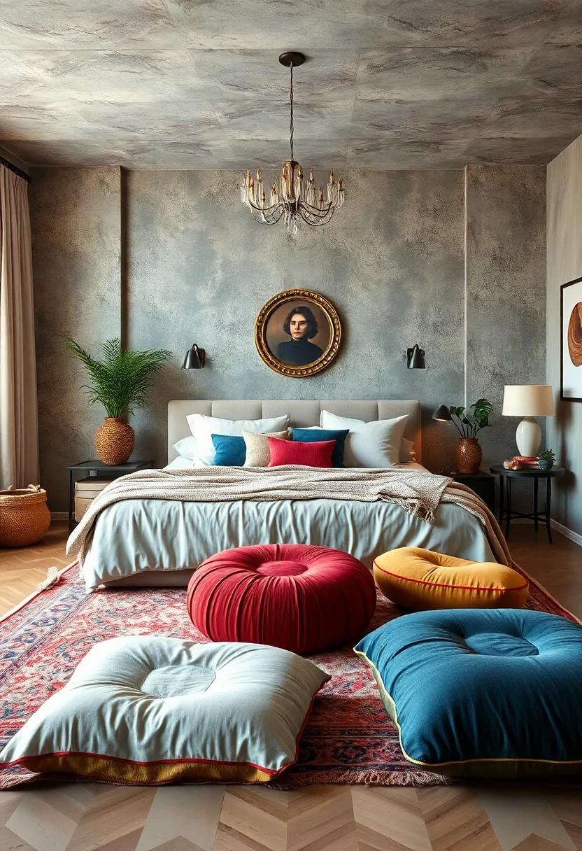Eclectic Floor Cushions and Poufs Arranged ⁢to Encourage Relaxation and Socializing in ⁣Bedroom Space
