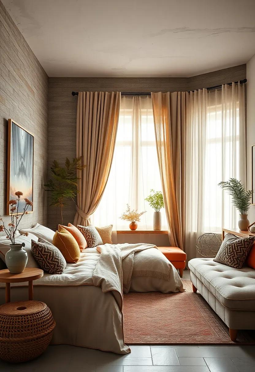 Layered Window Treatments Combining Sheer Curtains and Heavy Drapes in a Peaceful Bedroom Nook