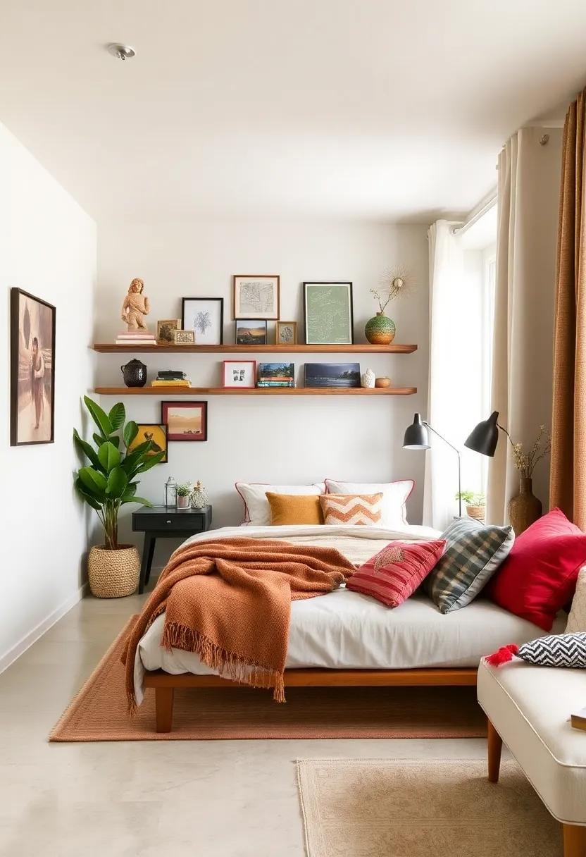 Reclaimed Wood Shelving Displaying ‍Traveling Souvenirs and eclectic Artifacts in⁤ a Bedroom Niche