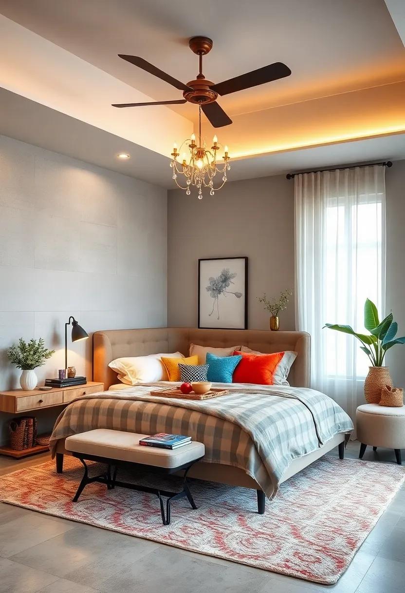 A Statement Bedframe Mixing Textures⁢ and Materials to Anchor an Inviting Eclectic Bedroom Design