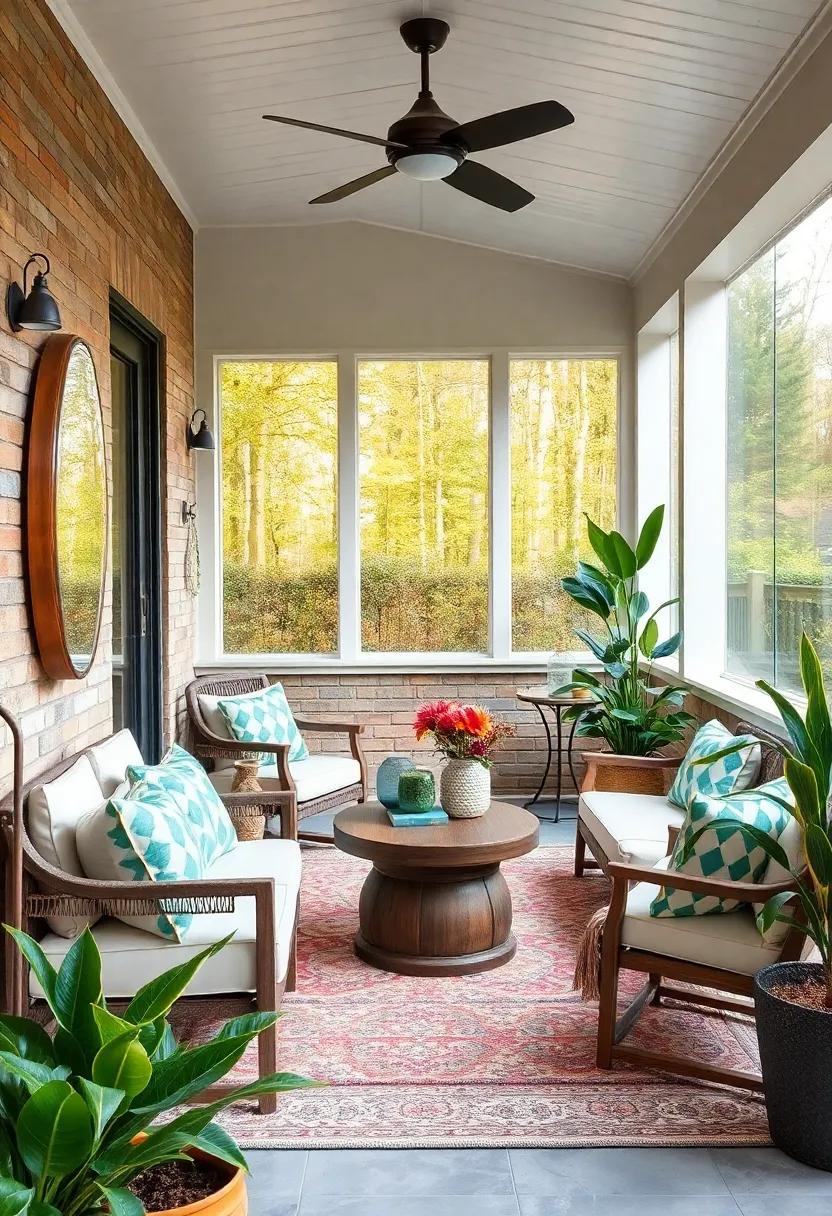 Position mirrors strategically to reflect natural light and make the porch feel more spacious