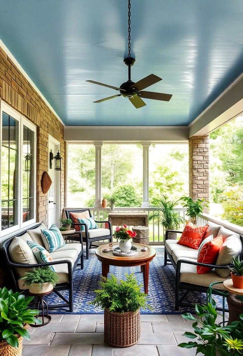 Paint the porch ceiling a light blue or soft hue to evoke a feeling‌ of openness and calm