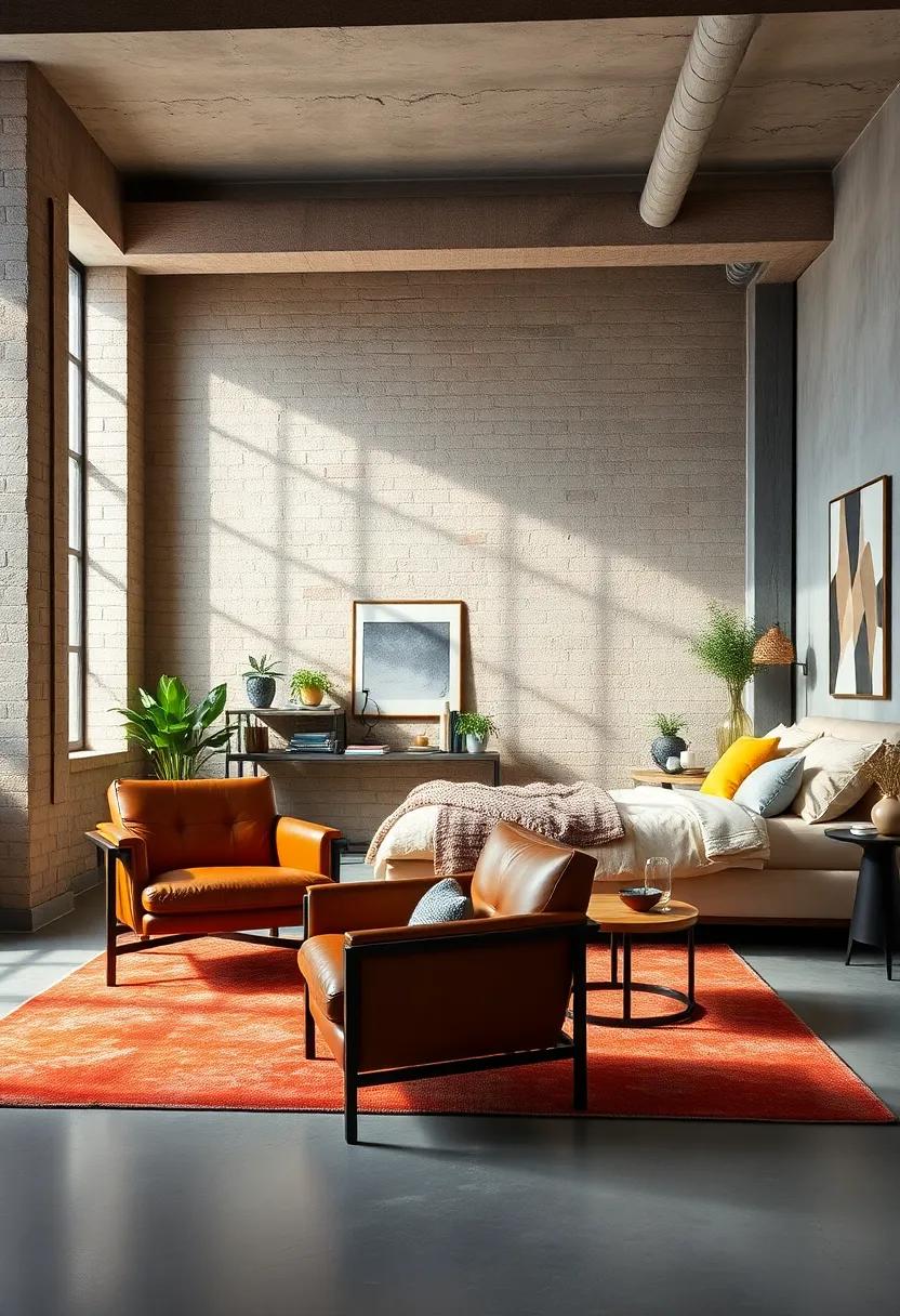 Layering Textures with Leather Chairs and Soft Rugs to Add Warmth to a Loft Bedroom