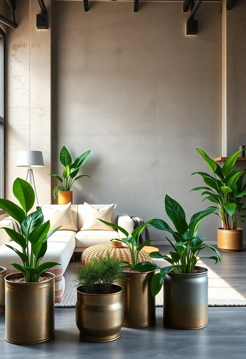 Incorporating Urban Greenery Through Potted Plants in Raw Metal Containers for a Lively Touch