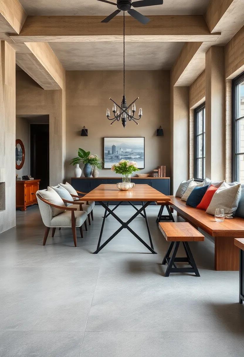 Concrete‌ Meets Warmth: A ‌dining ⁤room featuring a concrete floor and⁣ tabletop, softened ‍by plush cushions and rustic wooden benches to balance ⁤cool and cozy elements