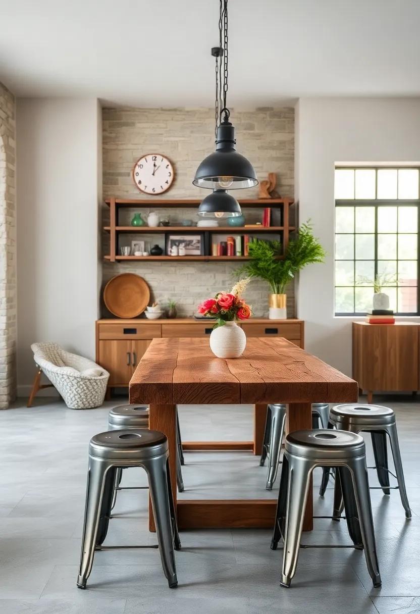 Factory chic Revival: Vintage factory lamps hanging over a rugged wooden​ table,‍ surrounded by metal stools‌ that celebrate ‍the industrial era with ‍a modern twist