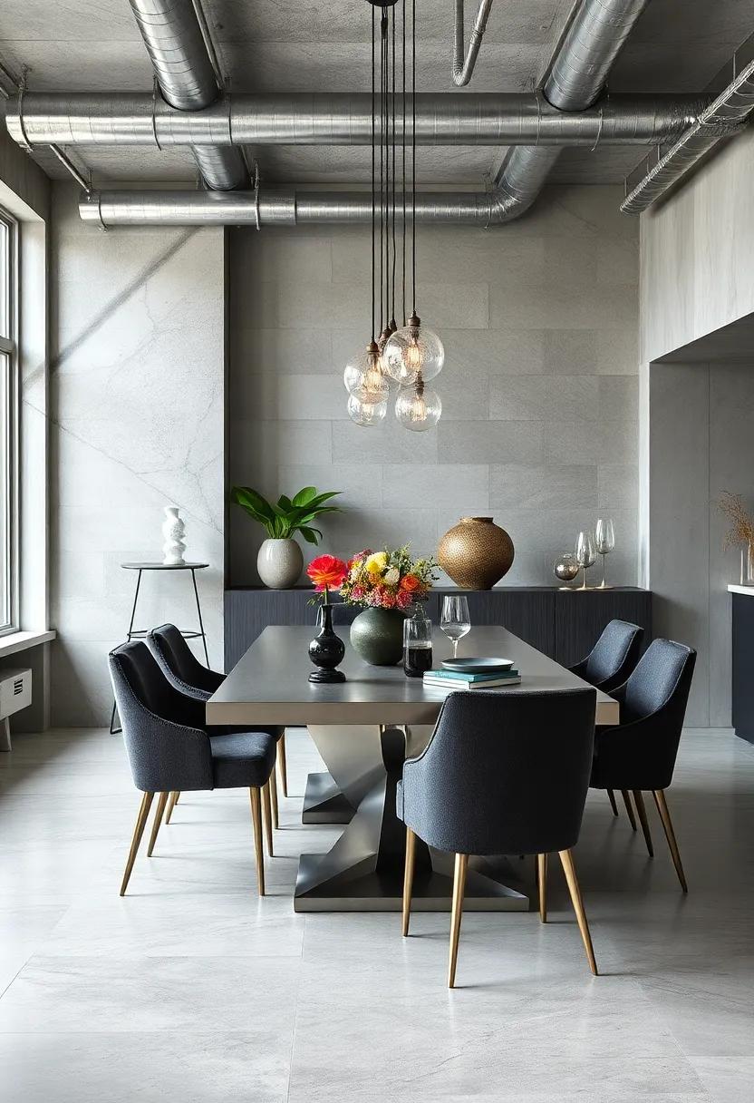 Metallic Monochrome Magic: Shades of grey and silver dominate here, with​ a brushed steel table and⁤ graphite ⁣upholstered chairs adding⁤ a modern edge to industrial roots
