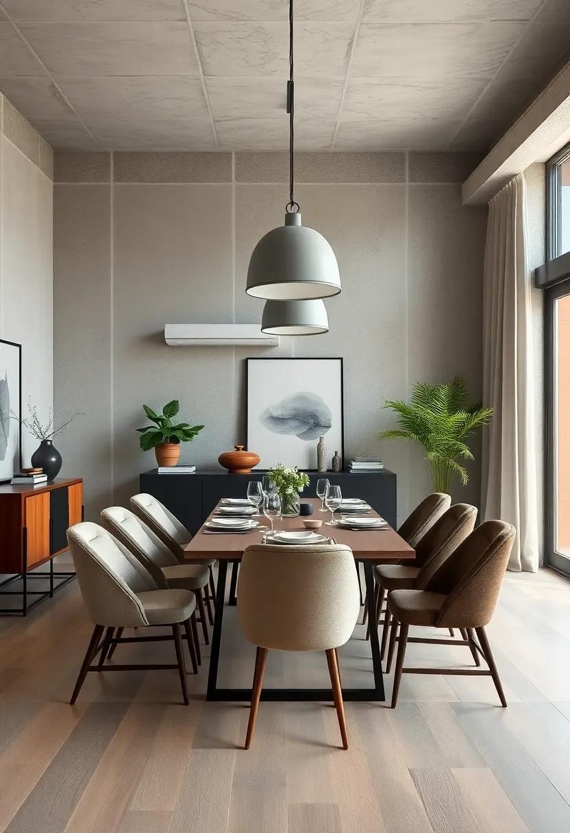 Minimalist Industrial Fusion: ​Clean⁣ lines‌ and neutral colors dominate this dining room,⁤ with⁣ concrete pendant lights and a ⁣simple‌ metal ⁢frame table creating understated ‍sophistication